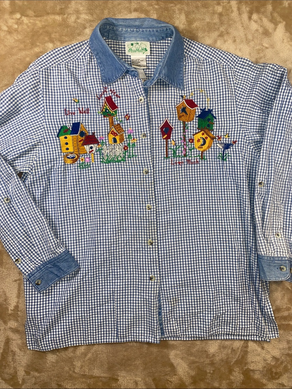 Quaker Factory Blue Gingham Button-Up Shirt with Embroidered Birdhouses
